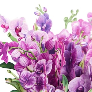 Bellissimo biglietto di auguri pop-up 3D con orchidea viola. Biglietti pop-up floreali viola per qualsiasi occasione con messaggio!
