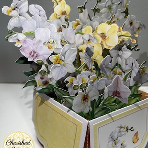 Bellissimo biglietto di auguri pop-up 3D con orchidea. Biglietti pop-up con fiori viola per qualsiasi occasione con messaggio!