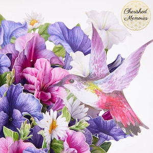 3D-pop-updoos met kolibriebloemen • 3D-bloembak • Kaarten voor elke gelegenheid • 3D-dooskaart gefeliciteerd met je verjaardag • Paarse 3D-bloemen kolibriesboeket