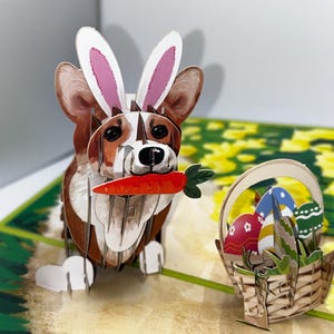 Carte 3D pop-up Joyeuses Pâques • Cartes pop-up 3D spéciales • Cadeau pop-up carte de Pâques • Carte 3D Corgi Easter • Cartes 3D Corgi Dog avec oreilles de lapin