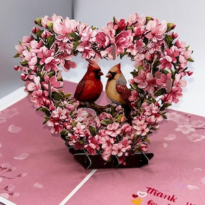 Carte pop-up 3D Je t'aime • carte de remerciement • cartes spéciales • carte pop-up coeur cardinal fleur de cerisier Je t'aime • carte 3D romance saint valentin
