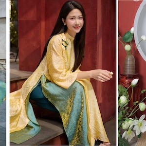 Op de afbeelding: Drie afbeeldingen met Vietnamese &Aacute;o d&agrave;i jurken. De jurken hebben levendige kleuren zoals groen, geel, roze en teal. De traditionele outfits hebben lange, vloeiende silhouetten en worden door vrouwen in verschillende omgevingen gedragen, zowel binnen als buiten.