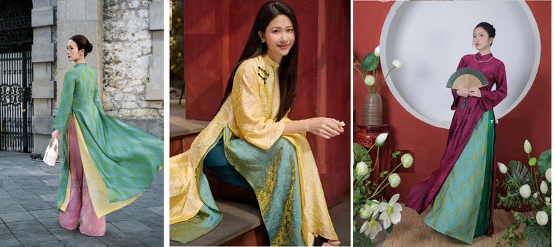 Op de afbeelding: Drie afbeeldingen met Vietnamese &Aacute;o d&agrave;i jurken. De jurken hebben levendige kleuren zoals groen, geel, roze en teal. De traditionele outfits hebben lange, vloeiende silhouetten en worden door vrouwen in verschillende omgevingen gedragen, zowel binnen als buiten.