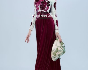 Ao Dai Nhung & Voan Đỏ Đô Thêu Lá, Đính Kết Cườm, Đá Pha Lê (Áo only)