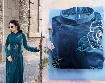 Teal Velvet Vietnamese Dress with Pants/ Ao Dai Nhung Xanh Cổ Vịt Đính kết Cườm, Pha lê, Cổ 2.5 cm - Kèm quần