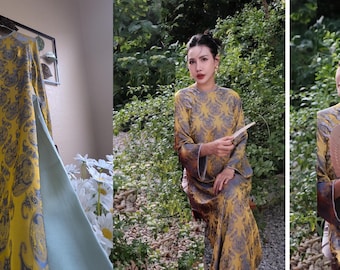 Ao Dai Dáng Suông Nguyên Bộ Lụa Tơ Tằm Thọ Vàng Đồng, kèm quần