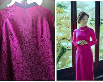 Áo Dài Truyền Thống Gấm Lụa Hoa hai da màu cánh sen, không kèm quần- Size 3X, 4X, 5X, 6X /Lotus Pink Silk Áo Dài, no pants