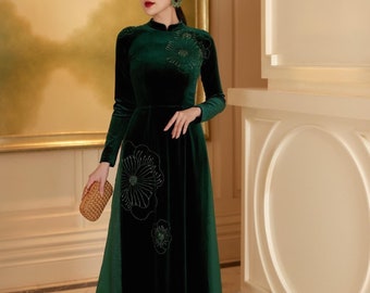 Ao Dai Nhung Xanh Rêu Đính Kết Đá Pha Lê, Pants, Headband included