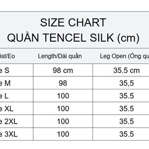 May include: A size chart for Tencel silk pants presented in a table format. The chart lists sizes from S to 3XL with corresponding measurements in centimeters for length and leg opening. The columns are labeled Waist, Length, and Leg Open.