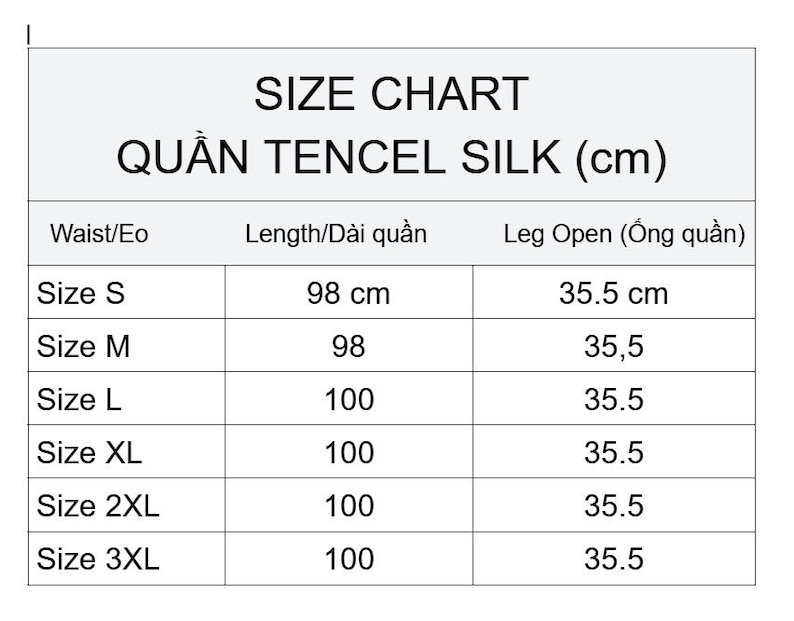 May include: A size chart for Tencel silk pants presented in a table format. The chart lists sizes from S to 3XL with corresponding measurements in centimeters for length and leg opening. The columns are labeled Waist, Length, and Leg Open.