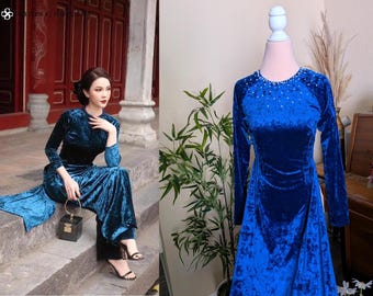 Cobalt Blue Velvet Vietnamese Dress/ Ao Dai Nhung Xanh Cô Ban Đính Kết Cổ (Áo Only)
