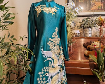 Embroidered Sllk Vietnamese Ao Dai Dress, Jade Ruby Silk Crane Design, Crystal Collar- No Pants Included