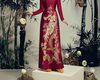 Embroidered Silk Vietnamese Ao Dai Dress, Ruby Red Crane Design, Crystal Collar- No Pants Included