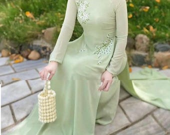 Ao Dai Bộ Lụa Chiffon Xanh Bạc Hà 4 tà Thêu Hoa Nổi, Cổ 2 cm, Áo+Quần / Mint Green Chiffon Embroidered Set Ao Dai