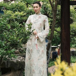 Ao Dai Tơ Thêu Tranh Thủy Mặc 4 tà, Áo kèm quần