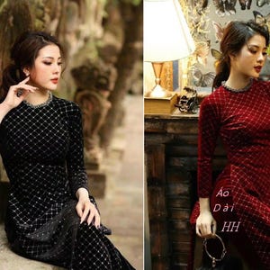 Ao Dai Đen,Đỏ Nhung Chanel Kim Sa kèm quần lụa cùng màu/Black, Red Glitter Velvet Áo Dài, silk pants included (no beaded necklace included)