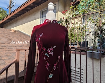 Ao Dai Nhung Tuyết Đỏ Đô Thêu, Áo Only / Dark Red Velvet Embroidered Ao Dai, Dress Only
