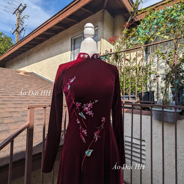 Ao Dai Nhung Tuyết Đỏ Đô Thêu, Áo Only / Dark Red Velvet Embroidered Ao Dai, Dress Only