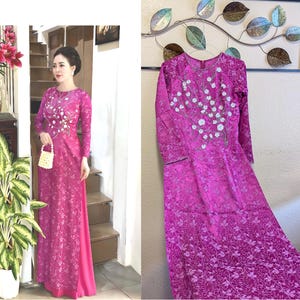Ao Dai Gấm Lụa Hồng Sen Đính Kết cườm, đá pha lê kèm quần/ Traditional Lotus Pink Silk Ao Dai