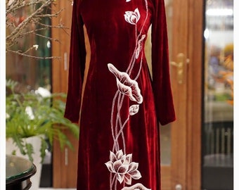 Red Velvet Embroidered Vietnamese Dress/ Ao Dai Nhung Đỏ Đô Thêu Lắc Tay (Áo Only)