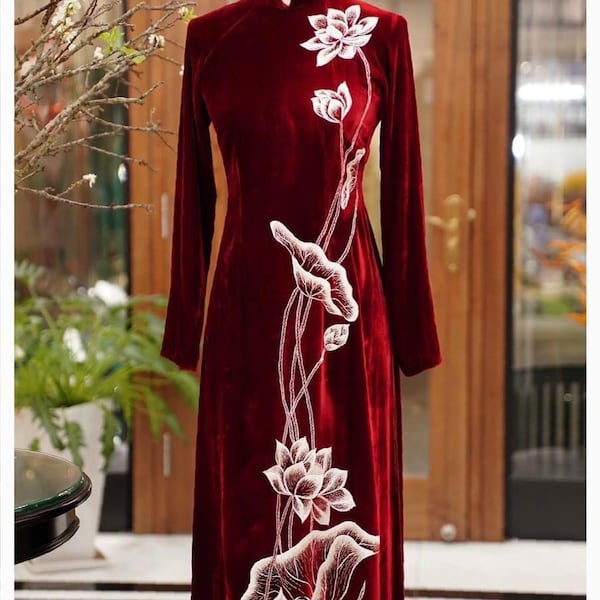 Red Velvet Embroidered Vietnamese Dress/ Ao Dai Nhung Đỏ Đô Thêu Lắc Tay