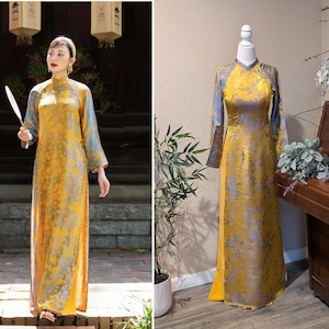 Áo Dài Truyền Thống Lụa Nha Xá Mai dáng ôm cổ truyền, kèm quần/ Nha Xá Silk Traditional Áo Dài, Pants Included