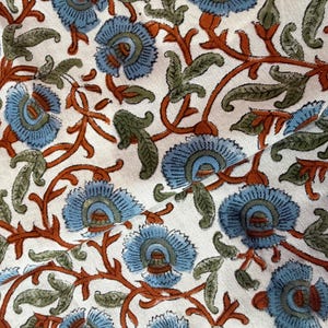 Op de afbeelding: Close-up van een stof met een herhalend bloemenpatroon. Het ontwerp heeft lichtblauwe bloemen met groene en bruine accenten op een witte achtergrond. Het bloemenpatroon is gedetailleerd en bedekt het hele oppervlak.