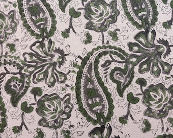 Green Floral Indian Block Print Cotton Fabric, Boho Decor