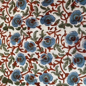 Op de afbeelding: Stof met een herhalend bloemenpatroon. Het ontwerp omvat blauwe bloemen, bruine stelen en groene bladeren tegen een witte achtergrond. Het patroon is gedetailleerd en symmetrisch.