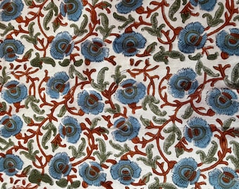May include: Floral fabric with a repeating pattern of blue flowers, brown stems, and green leaves on a white background. The design is detailed and symmetrical, creating a visually appealing textile.