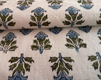 Tela de algodón con estampado floral en verde y azul / Material de tapicería floral indio / Costura DIY, manualidades, decoración del hogar / Tela cortada a medida