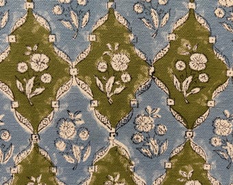 Blauwgroene katoenen stof met bloemenblokprint op maat gesneden, handgemaakte Indiase woondecoratiestof voor bekleding en gordijnen, lampenkappen