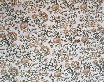 Hand Block Printed Duck Canvas Fabric, Thick Cotton Green Yellow Fabric by Yard, Floral Upholstery Canvas Curtain Sewing & Home Decor Fabric