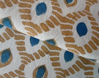 Geelblauwe stof handblokprint | Stof op maat gesneden voor bekleding | Tafelkleed Lampenkap, gordijnen en boho-Indiase stof voor woondecoratie