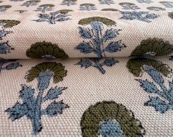 Blauwgroen bloemen handblok eend canvas katoen | Gebloemde bekledingsstof op maat gesneden voor gordijnen, bank en kussens Huisdecoratie maken