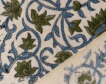 Groenblauwe canvas eend met bloemenblokprint | Zwaar katoenen draperiemateriaal op maat gesneden | Bekleding tafelkleedstof