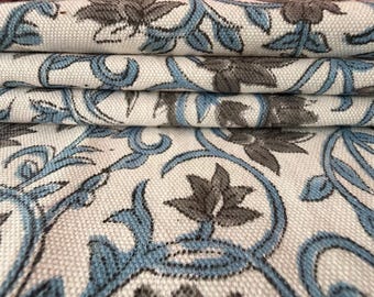 Floral Hand Block Print Duck Canvas | Heavy Cotton Curtain Drapery Fabric by the Yard | Duck Canvas Upholstery Tablecloth Fabric
