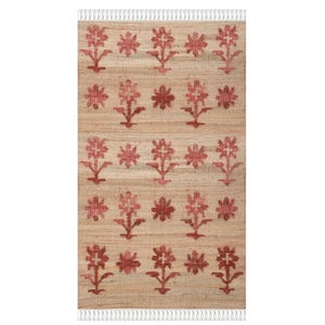 Red Floral Wool Jute Rug: Handmade Boho Kilim Area Rug