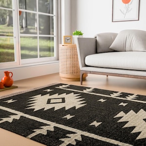 Handmade Wool Jute Kilim Rug: Black White Geometric Dhurrie
