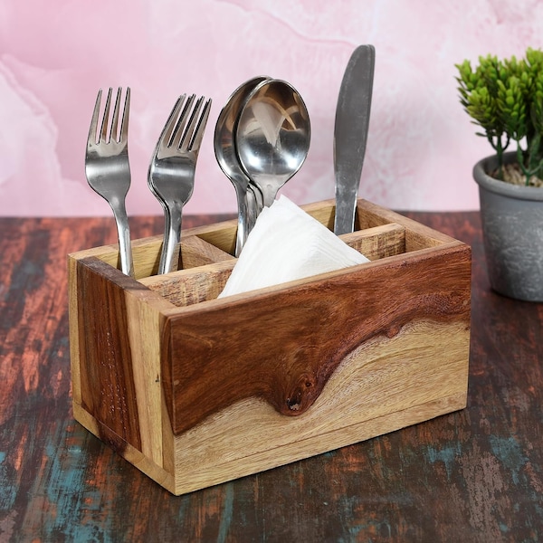 Handmade Sheesham Wooden Tissue and Cutlery Holder for Home | Decorative Stylish Wooden Holder | Kitchen Caddy