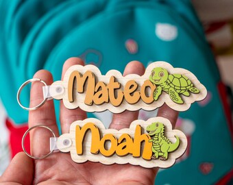 Personalized Wooden Name Keychain, Custom Kid School Bag Tag, Dinosaur Flower Backpack Charm