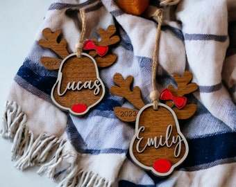 Personalized Reindeer 2023 Christmas Ornament | Personalized Wooden Reindeer Gift Tags | Custom Reindeer Family Ornaments