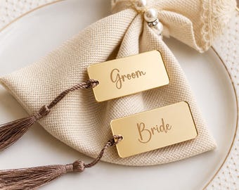 Gold Acrylic Wedding Place Cards: Silver Mirror Name Tags with Tassel