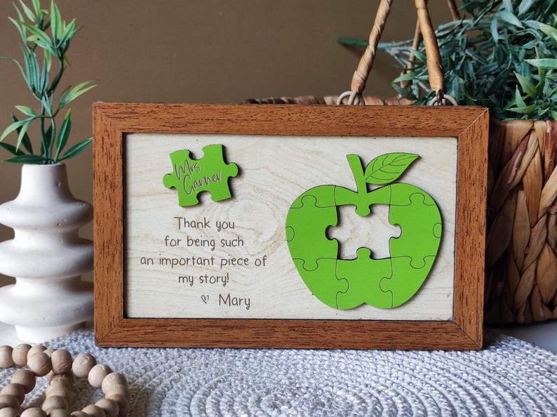 Personalized Wooden Teacher Appreciation Sign: Apple Puzzle Piece Gift ...
