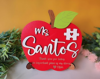 Personalized Teacher Apple Name Sign: Wood Puzzle Piece Desk Decor