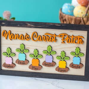 May include: Wooden framed sign with the words "Nana's Carrot Patch" in orange script. Below are six colorful carrots with names: Sophie, Noah, Max, Amelia, Ryan, and Brody. The background is light wood.