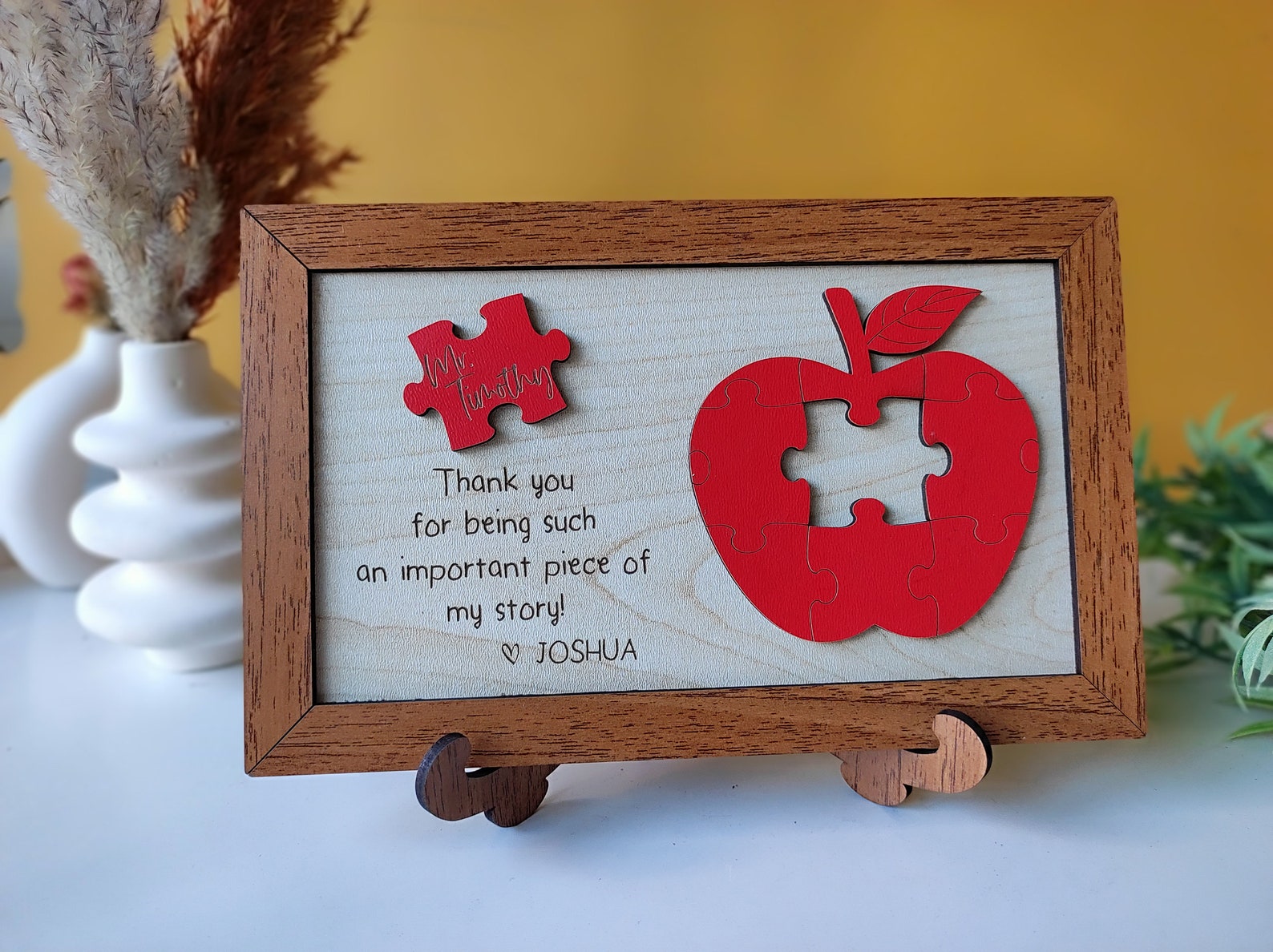 Personalized Wooden Teacher Appreciation Sign: Apple Puzzle Piece Gift ...