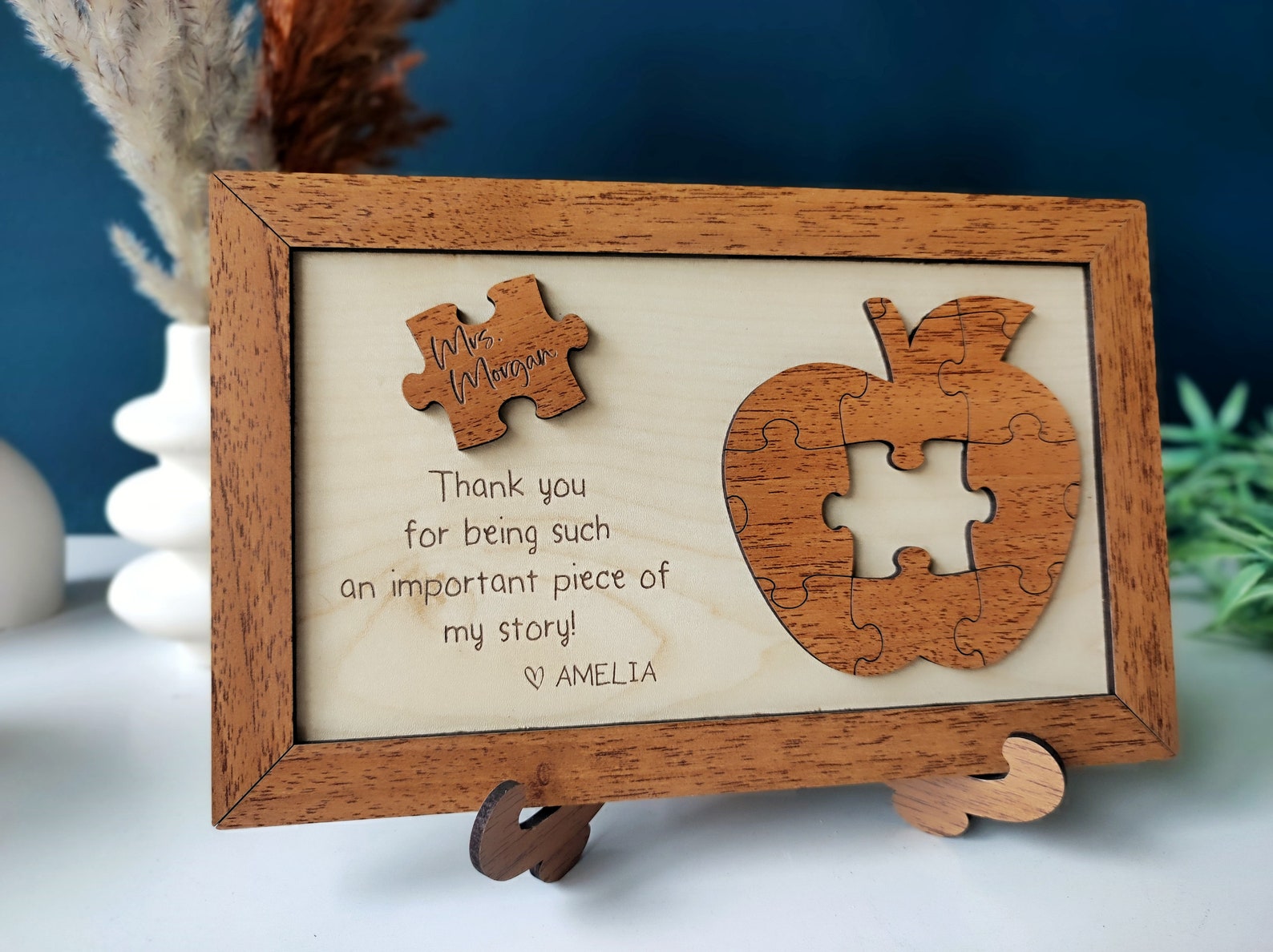 Personalized Wooden Teacher Appreciation Sign: Apple Puzzle Piece Gift ...