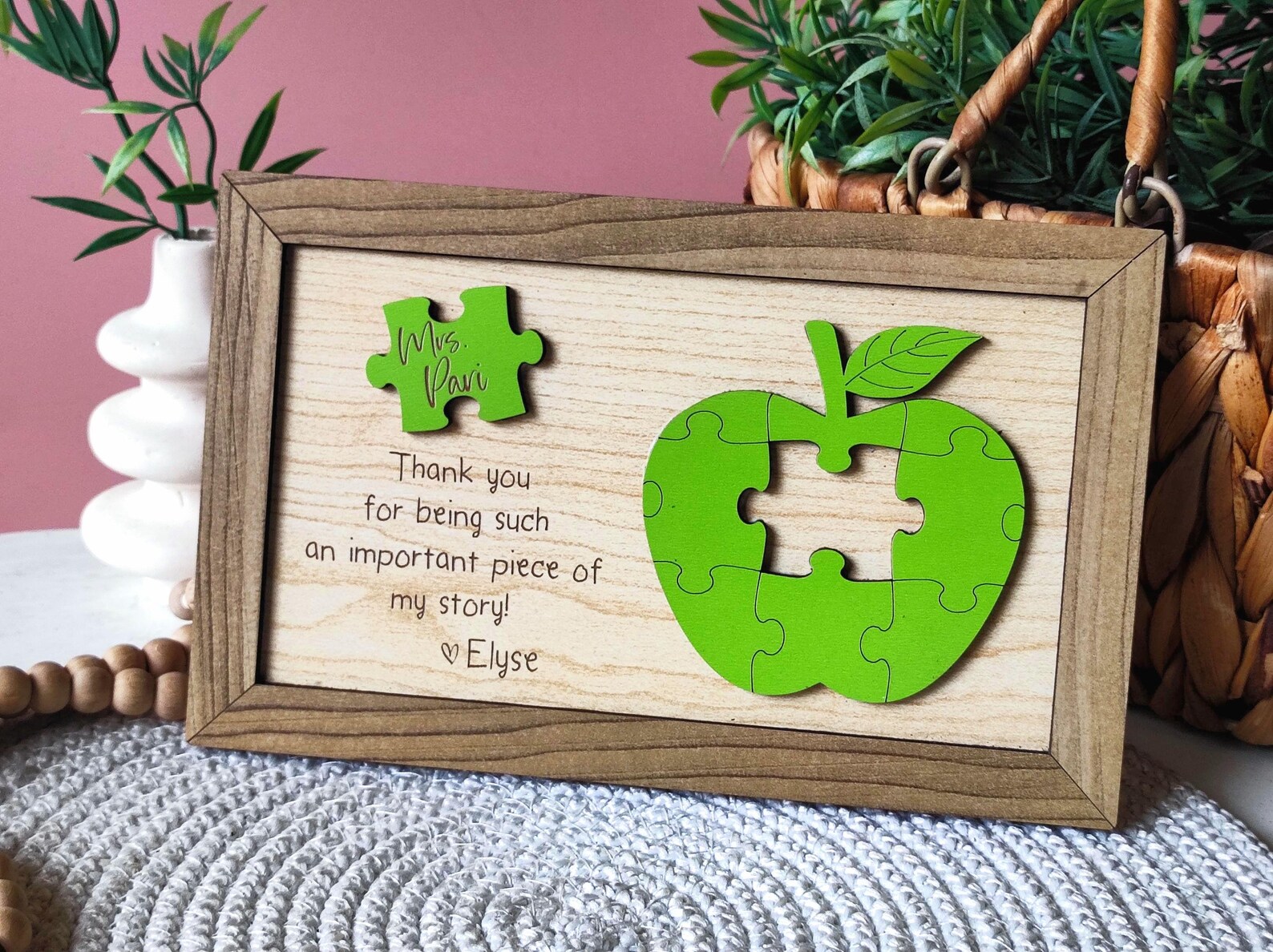 Personalized Wooden Teacher Appreciation Sign: Apple Puzzle Piece Gift ...