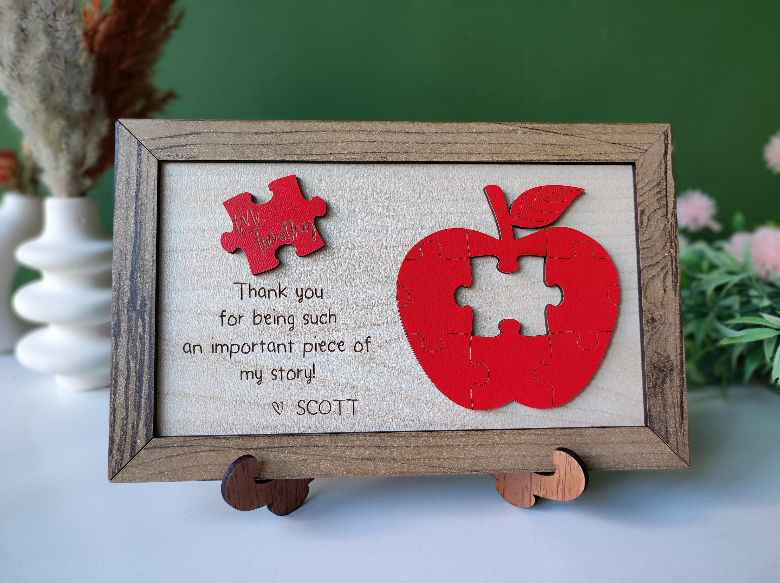 Personalized Wooden Teacher Appreciation Sign: Apple Puzzle Piece Gift ...
